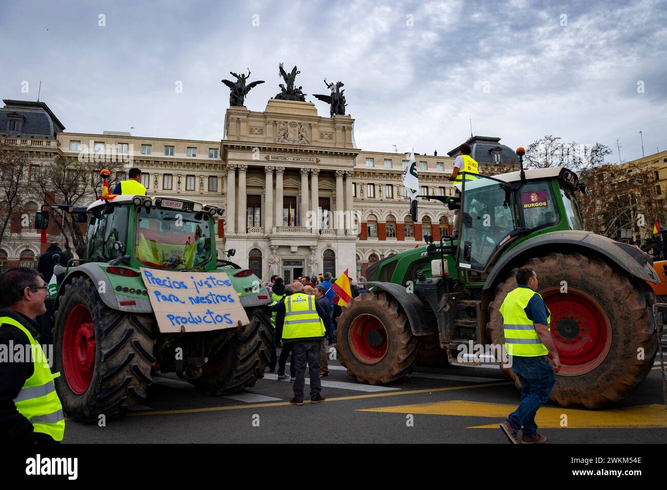 Spanish farmer demonstration in Madrid Some tractors seen parked in front of the Spanish Ministry of Agriculture during the farmers demonstration in Madrid the protest, organized by Spanish trade unions, is focused on concerns over unfair competition from products originating outside the EU. Farmers are also unhappy about the meager profits derived from their crops and are critical of EU agricultural policy. Madrid Puerta de Alcala Madrid Spain Copyright: xAlbertoxGardinx AGardin 20240221 manifestacion tractores madrid 190 Stock Photo
