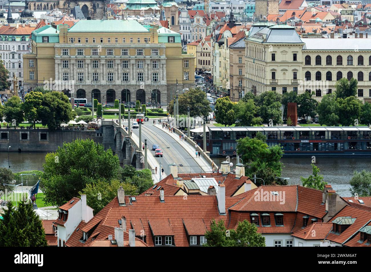 Prague, Czech Republic, July 26: View of the Vlatva river and Manes Bridge in the city of Prague, July 26, 2022. Stock Photo