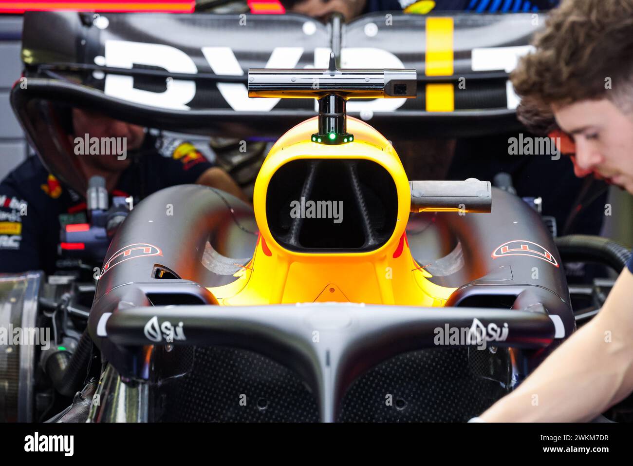 Red Bull Racing RB20, mechanical detail of halo and air inlet during ...