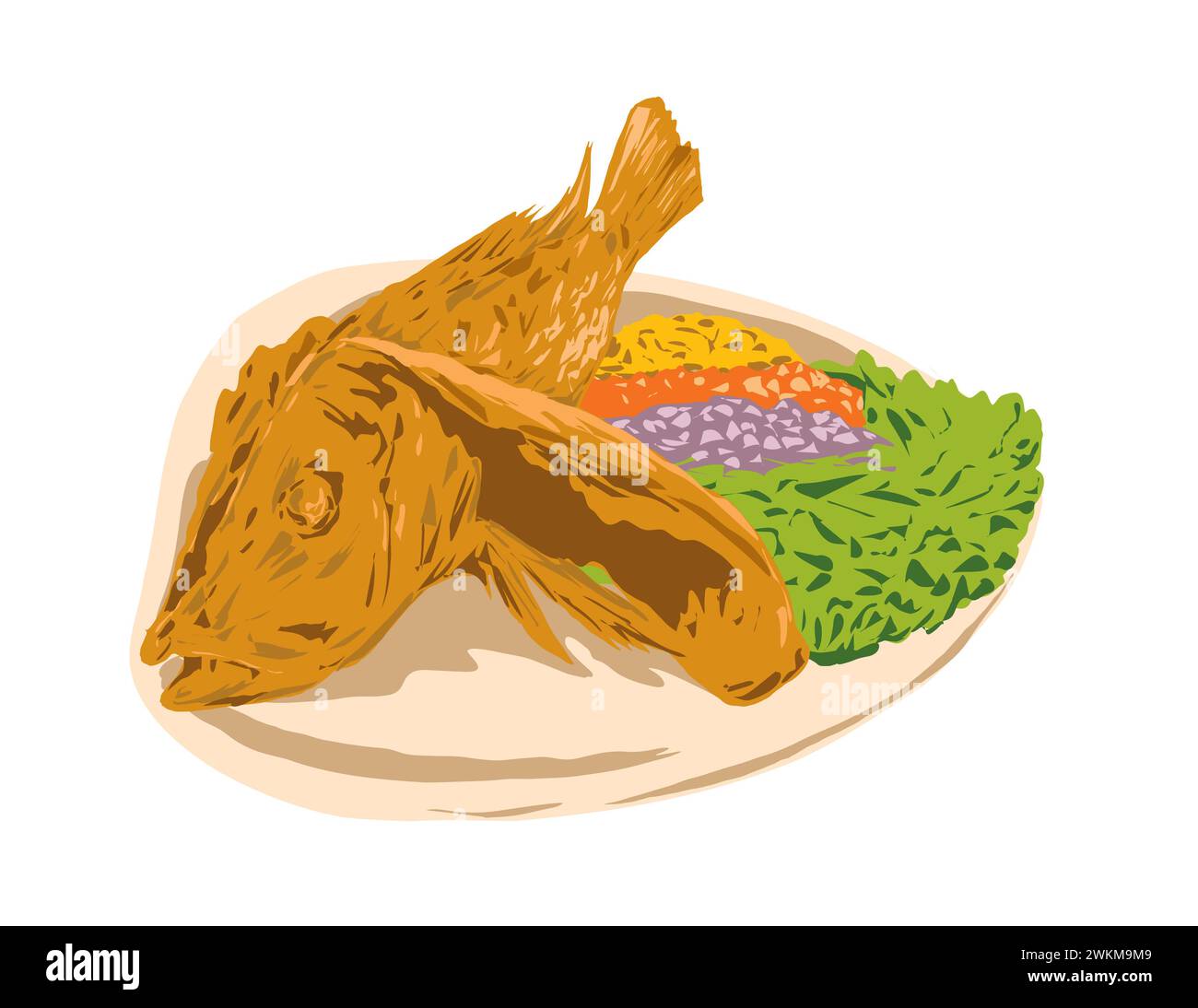Art Deco or WPA poster of the crispy deep fried whole red snapper or lapu lapu fish dish  done in works project administration or federal art project Stock Photo