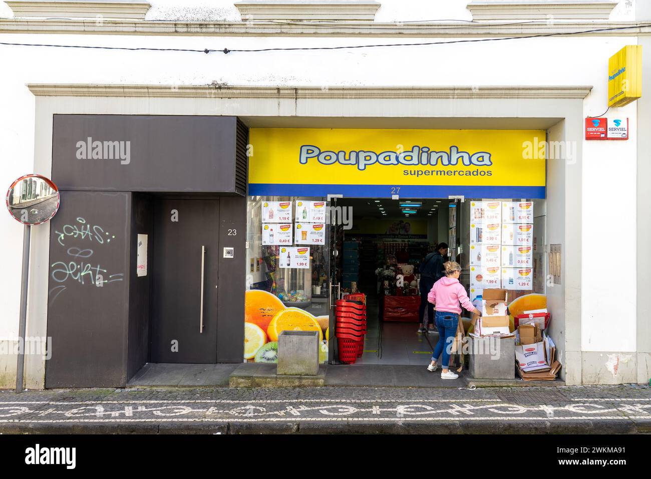 front facade of the superpoupadinha supermarket in Ponta Delgada-São Miguel-Açores-Portugal.3-3-2024 Stock Photo