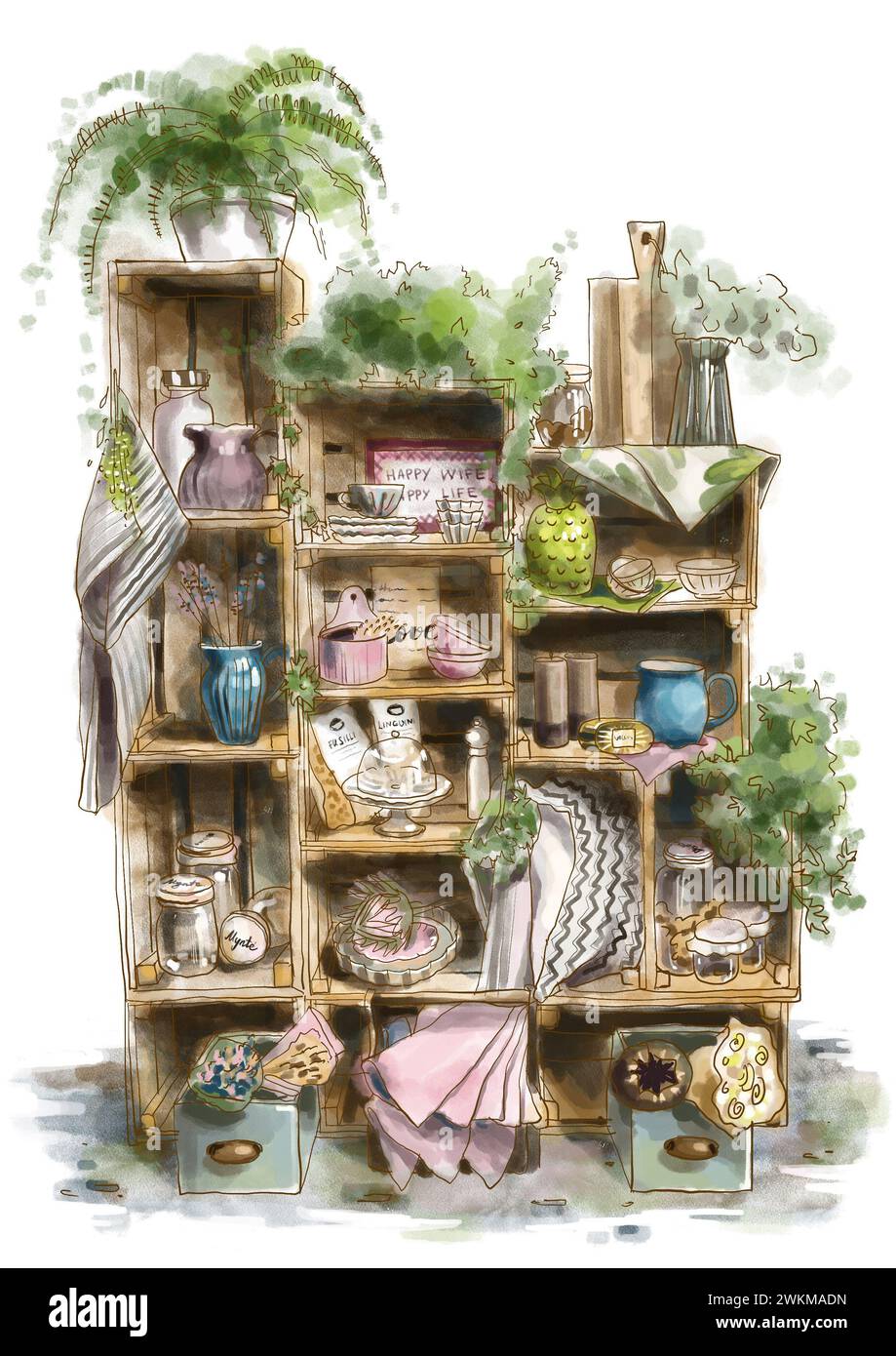 Rustic style shelf with household items and decor. Country rustic style ...