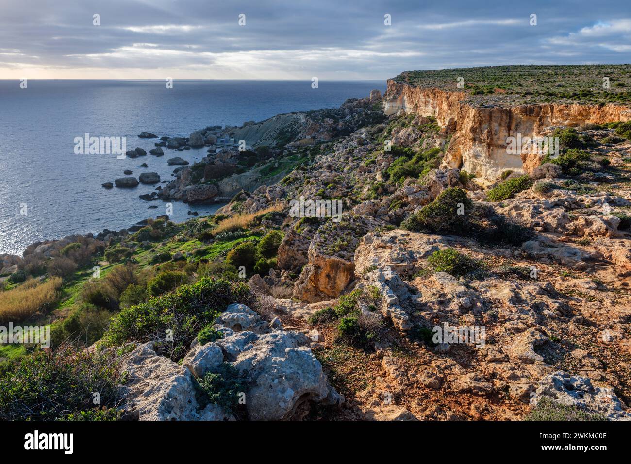 Cliffs at Il-Majjistral Nature and History Park near Golden Bay, Malta Stock Photo