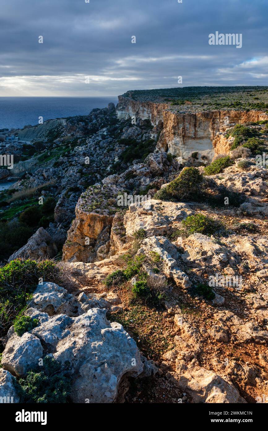 Cliffs at Il-Majjistral Nature and History Park near Golden Bay, Malta Stock Photo
