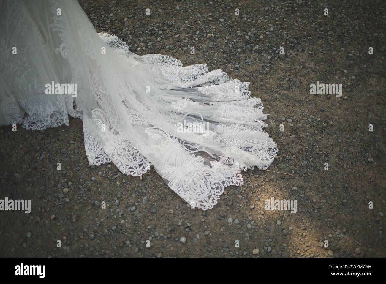 A bride in a wedding veil and gown on the floor Stock Photo