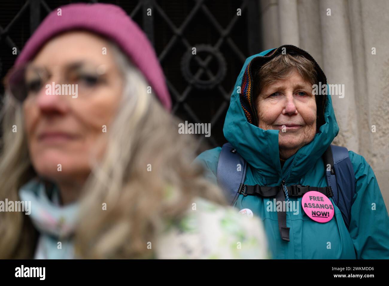 21st February 2024: For the second day protesters gather outside the High Court in support of Julian Assange, as the WikiLeaks founder fights extradition to the United States. Australian-born Assange is expected to give evidence by video link from Belmarsh High Security Prison where he is being held. Stock Photo