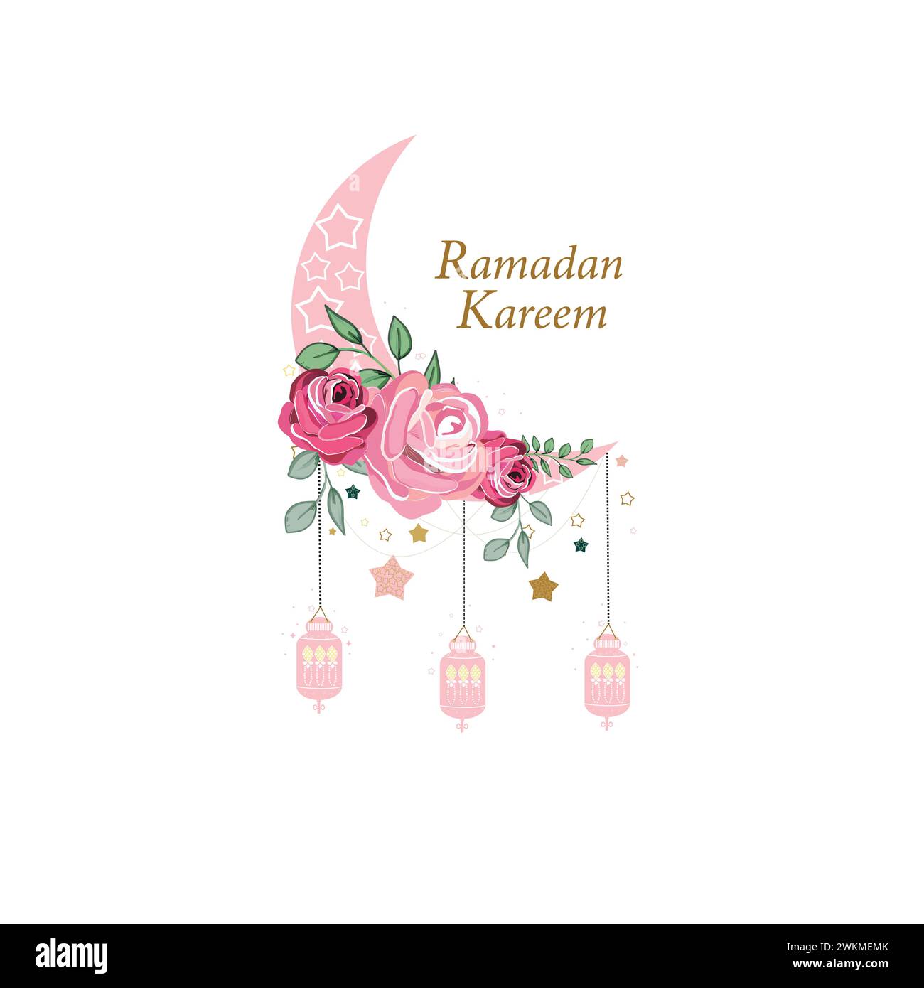 Ramadan Greeting card. With hand drawn pink roses and gold and green colored moon, crescent and stars. Stock Vector