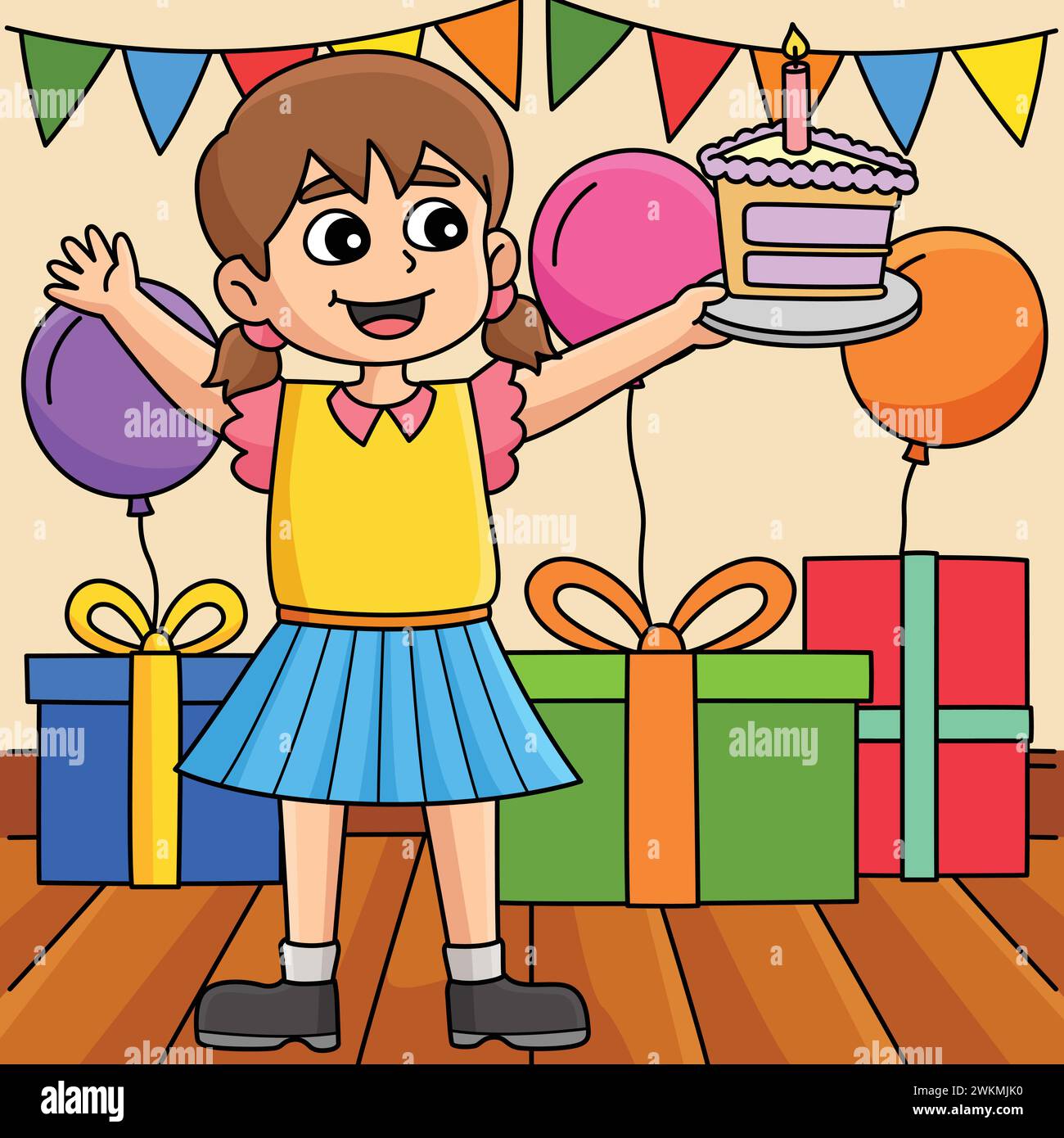 Girl Holding a Happy Birthday Cake Colored Cartoon Stock Vector Image & Art Alamy