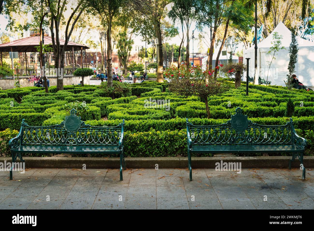Ornate benches on Plaza Hidalgo in downtown Coyoacán district of Mexico City, Mexico. Stock Photo