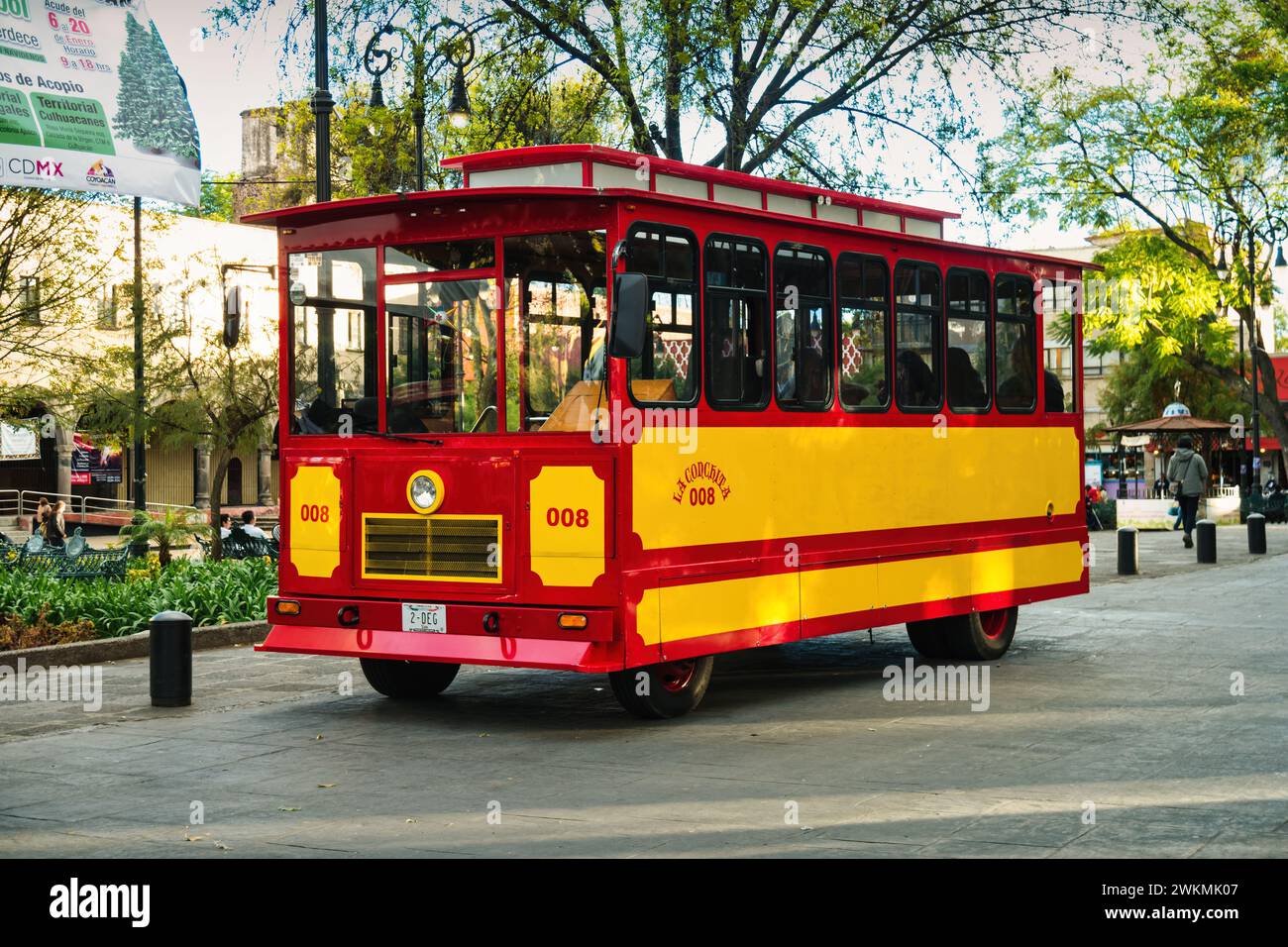 Traditional bus in downtown Coyoacán district of Mexico City, Mexico. Stock Photo