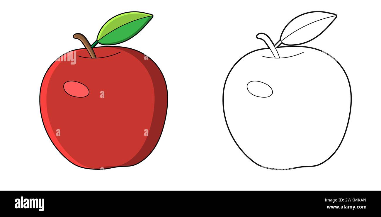 Cute Apple Colouring Page for Kids, Outlined version and Clip Art showing coloured in example