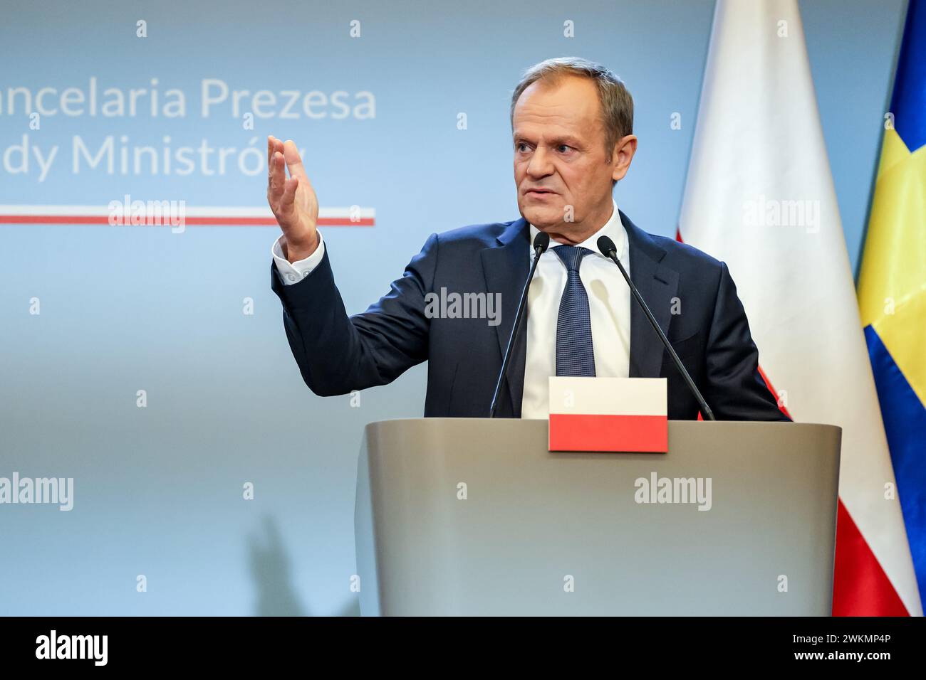 Warsaw, Poland. 19th Feb, 2024. Polish Prime Minister, Donald Tusk speaks during a press conference suring a bilateral meeting with Prime Minister of Sweden, Ulf Kristensson in the PM's Chancellery on Ujazdowska Street in Warsaw, the capital of Poland. The NATO membership of Sweden and regional security issues after the Russian war on Ukraine are on the agenda. (Photo by Dominika Zarzycka/SOPA Images/Sipa USA) Credit: Sipa USA/Alamy Live News Stock Photo