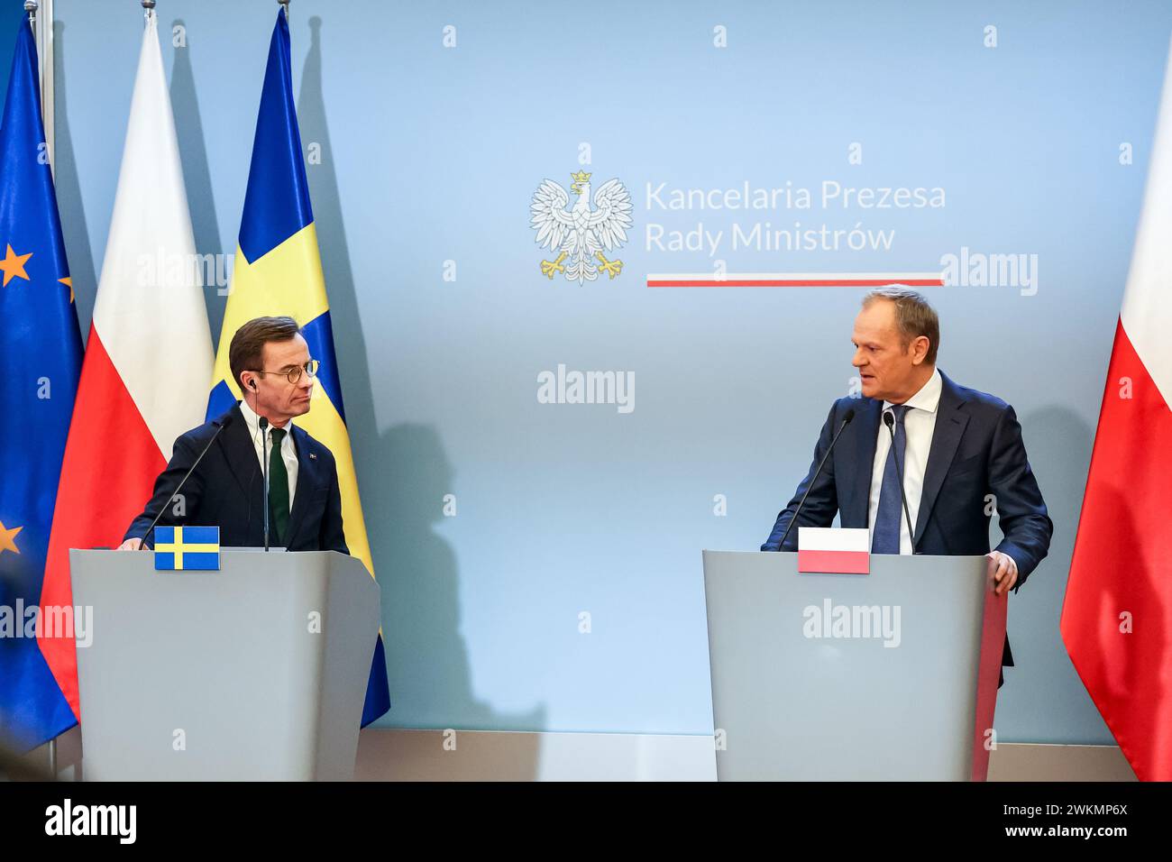 Warsaw, Poland. 19th Feb, 2024. Polish Prime Minister, Donald Tusk and Prime Minister of Sweden, Ulf Kristensson speak to the press during a bilateral meeting in the PM's Chancellery on Ujazdowska Street in Warsaw, the capital of Poland. The NATO membership of Sweden and regional security issues after the Russian war on Ukraine are on the agenda. (Photo by Dominika Zarzycka/SOPA Images/Sipa USA) Credit: Sipa USA/Alamy Live News Stock Photo
