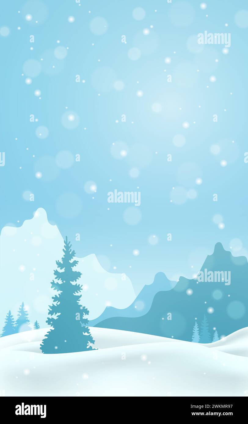 Winter snow background. White abstract texture. Blue sky with falling snow, snowflake. Fantazy design template. Backdrop with a cold light landscape. Stock Photo