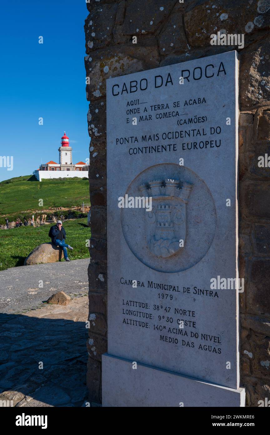 The Cabo da Roca Lighthouse above the Atlantic Ocean on Portugal's and continental Europe's most westerly extent. Stock Photo