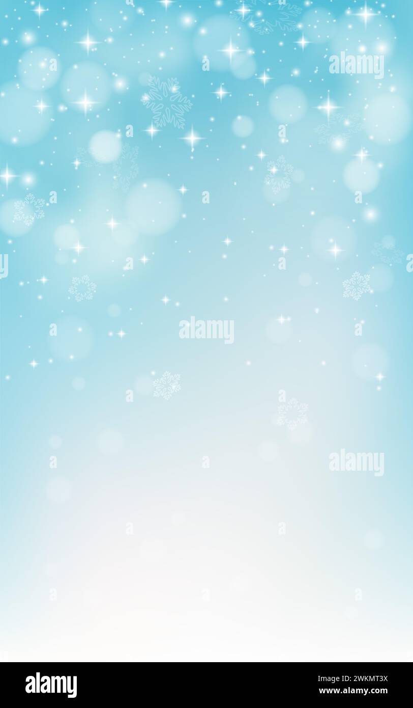 Winter snow background. White abstract texture. Blue sky with falling snow, snowflake. Fantazy design template. Backdrop with a cold light landscape. Stock Photo