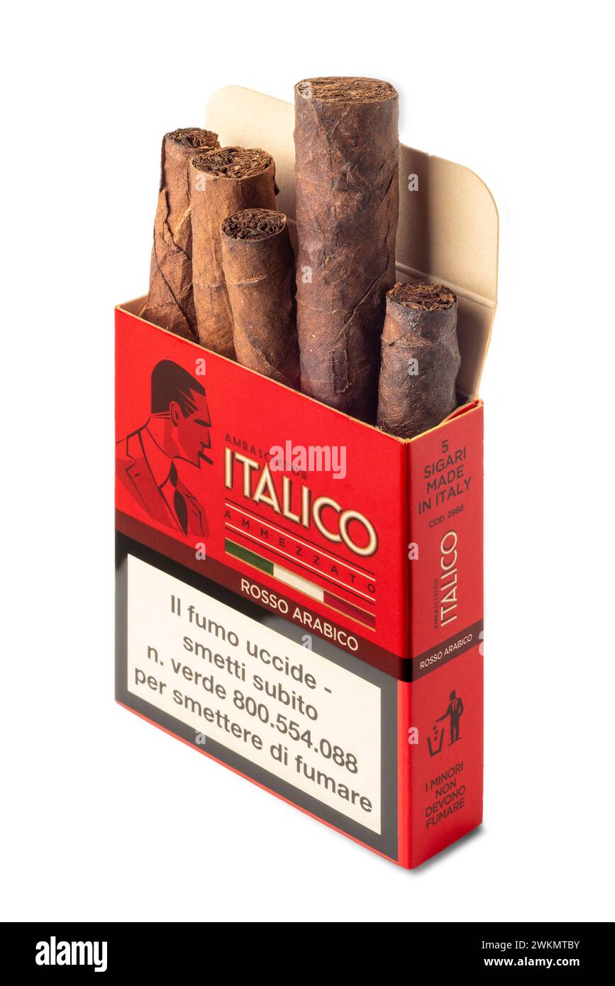 Italy - February 21, 2024: Ambasciator Italico Rosso Arabico fine cigar with tobacco enriched with aroma and fragrance of Italian espresso. Stock Photo