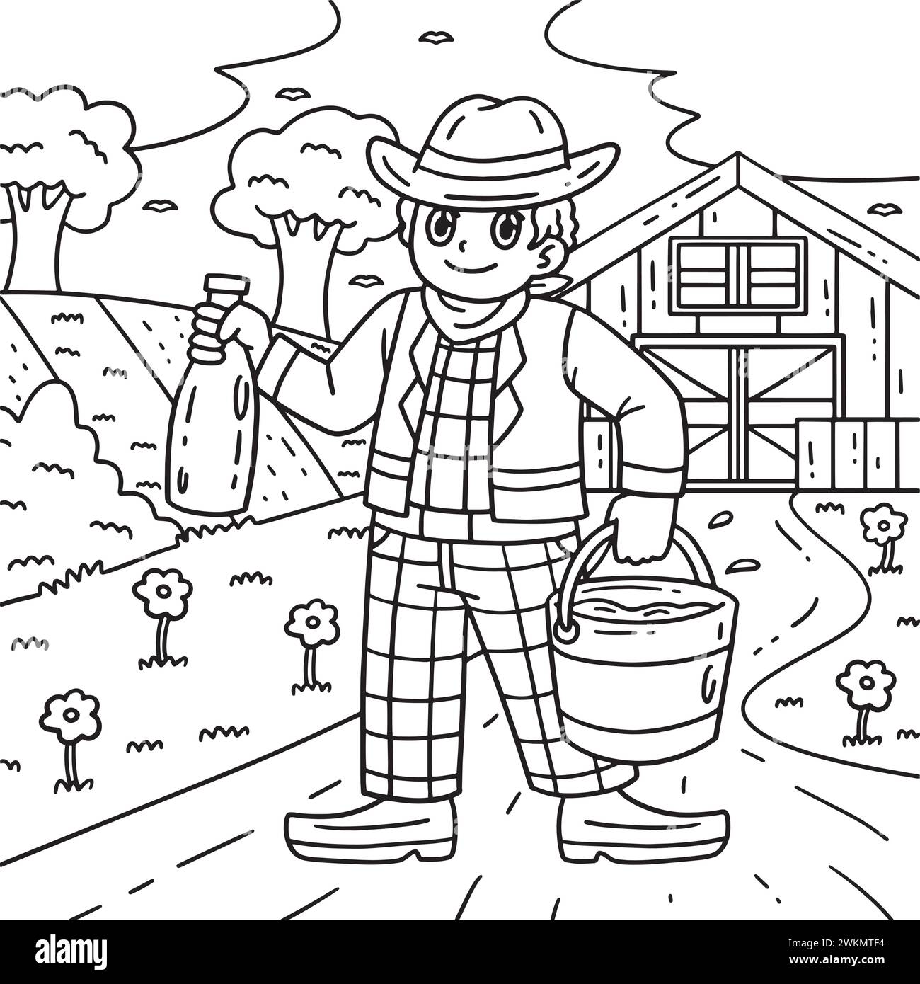 Cowboy Carrying Bucket of Cow Milk Coloring Page Stock Vector Image