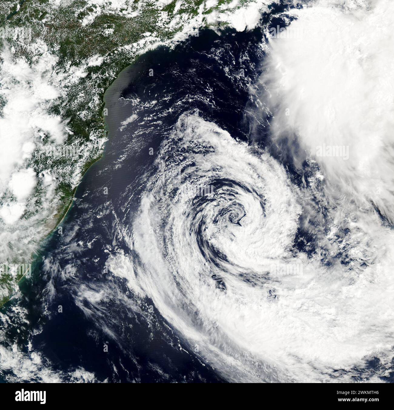 February 21, 2024: Brazil: Tropical storms seldom roam in the South Atlantic Ocean. But in mid-February 2024, one such storm formed off the coast of Brazil. The disturbance began to develop as a stalled front of low pressure on February 15. Tthe front formed into a subtropical depression on February 16 after being fed by a plume of tropical moisture that plunged south. The depression continued to intensify and move south, on February 19, the Brazilian Navy Hydrographic Center upgraded it to Tropical Storm Akara. At the time, the storm carried sustained winds of up to 64 kilometers (40 miles) p Stock Photo