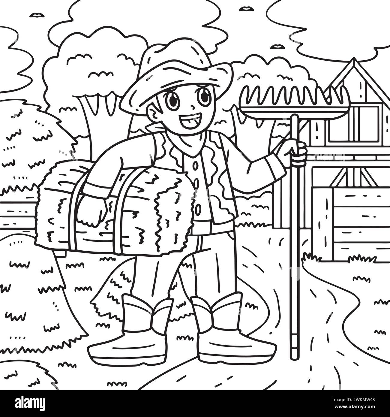 Coloring For Ranchers Cowboy with Rake and Hay Coloring Page for Kids Stock Vector Image ...