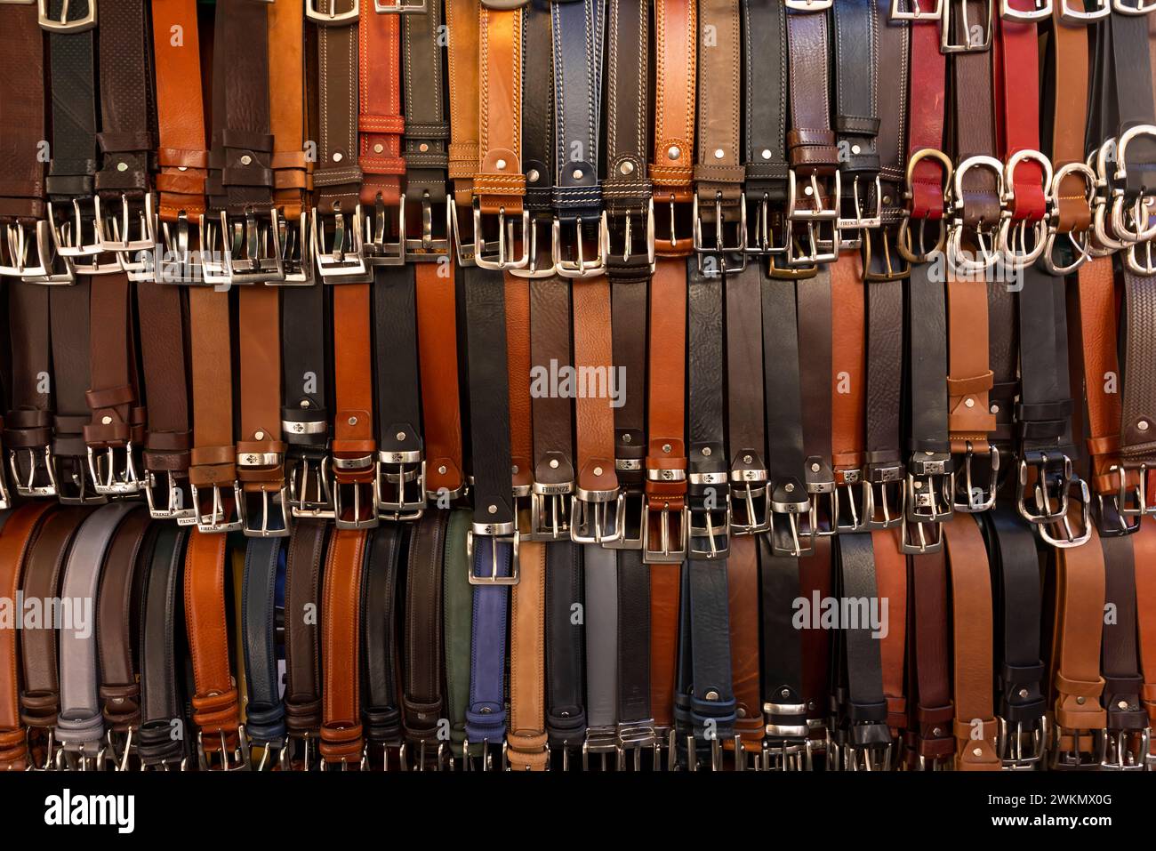 The San Lorenzo leather market, an outdoor market lined with fine leather goods from Florence, draws travelers from around the world as well as locals Stock Photo