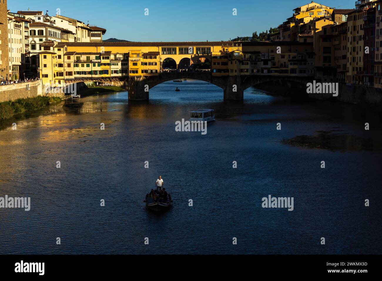 The river Arno flows for 150 miles and is best known for the Ponte Vecchio, a magnificent bridge built in the Middle Ages that’s considered an archite Stock Photo