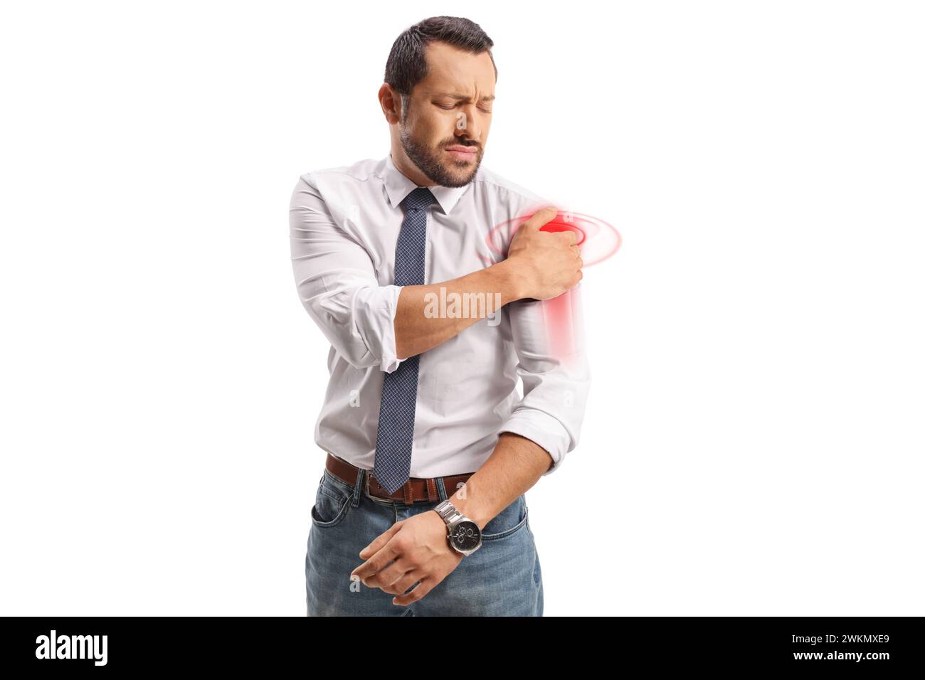Businessman with injured shoulder, pain and healthcare concept isolated on white background Stock Photo