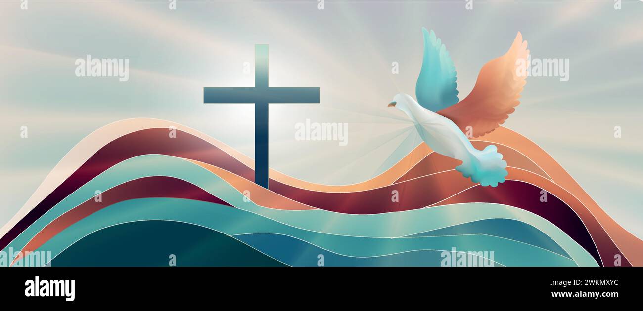 Dove whit christian cross symbol. Crucifix. Easter. Sign of purity. Faith. Baptism. Holy Spirit. Evangelization. Resurrection. Banner copy space Stock Vector