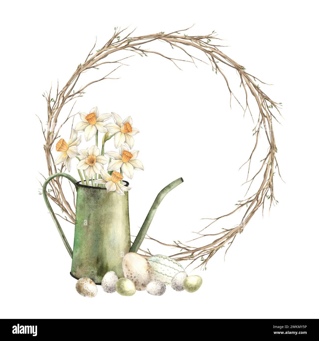 Watercolor round wreath of branches with watering can, daffodils and eggs. Hand drawn illustrations on isolated background for greeting cards, invitat Stock Photo