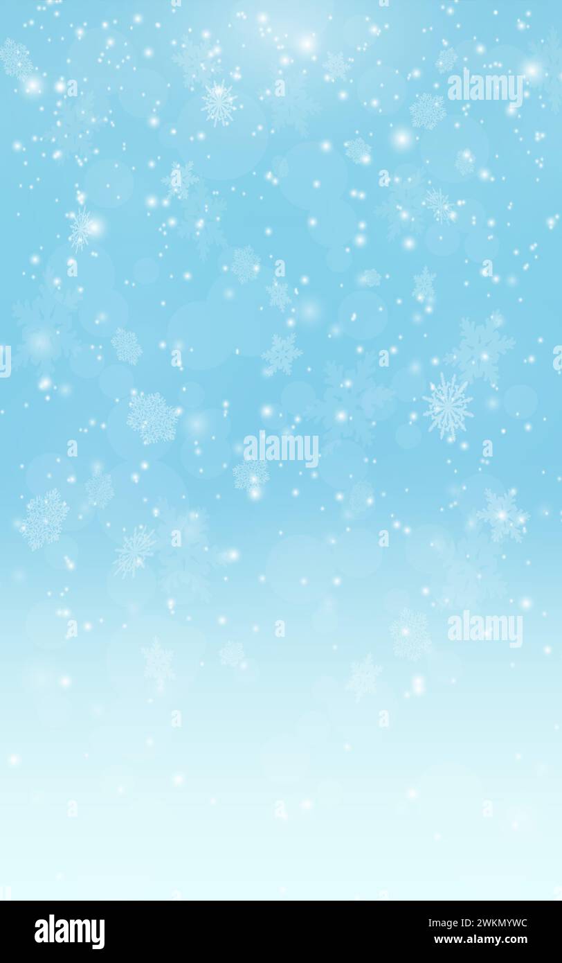 Winter snow background. White abstract texture. Blue sky with falling snow, snowflake. Fantazy design template. Backdrop with a cold light landscape. Stock Photo