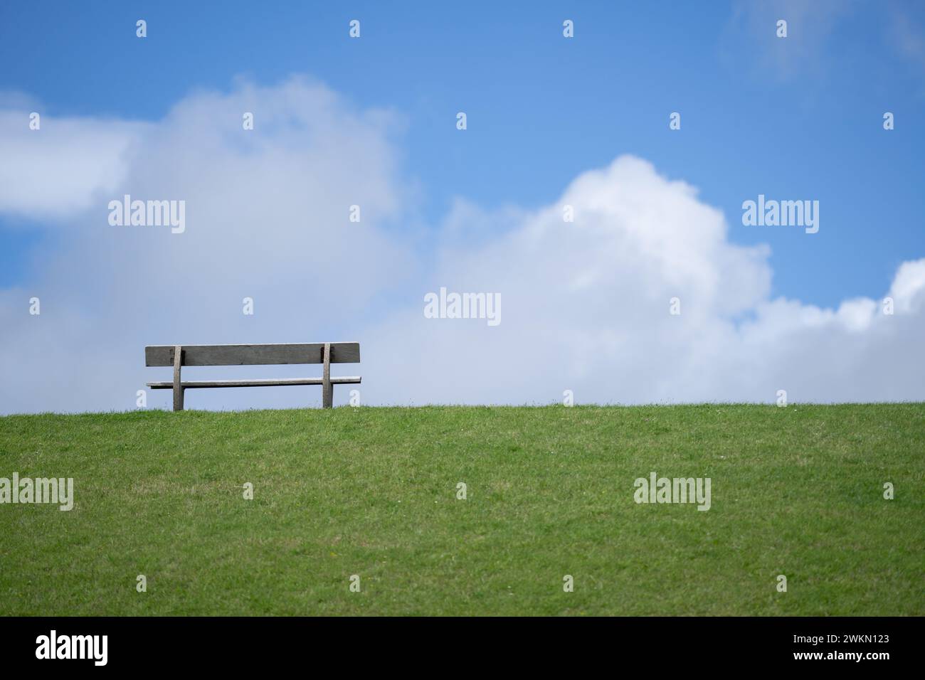 Meditation. Peace meadow. Lonely wooden bench. Peaceful and quiet place. Loneliness. Calm place. Rest and relax. Relaxation concept Stock Photo