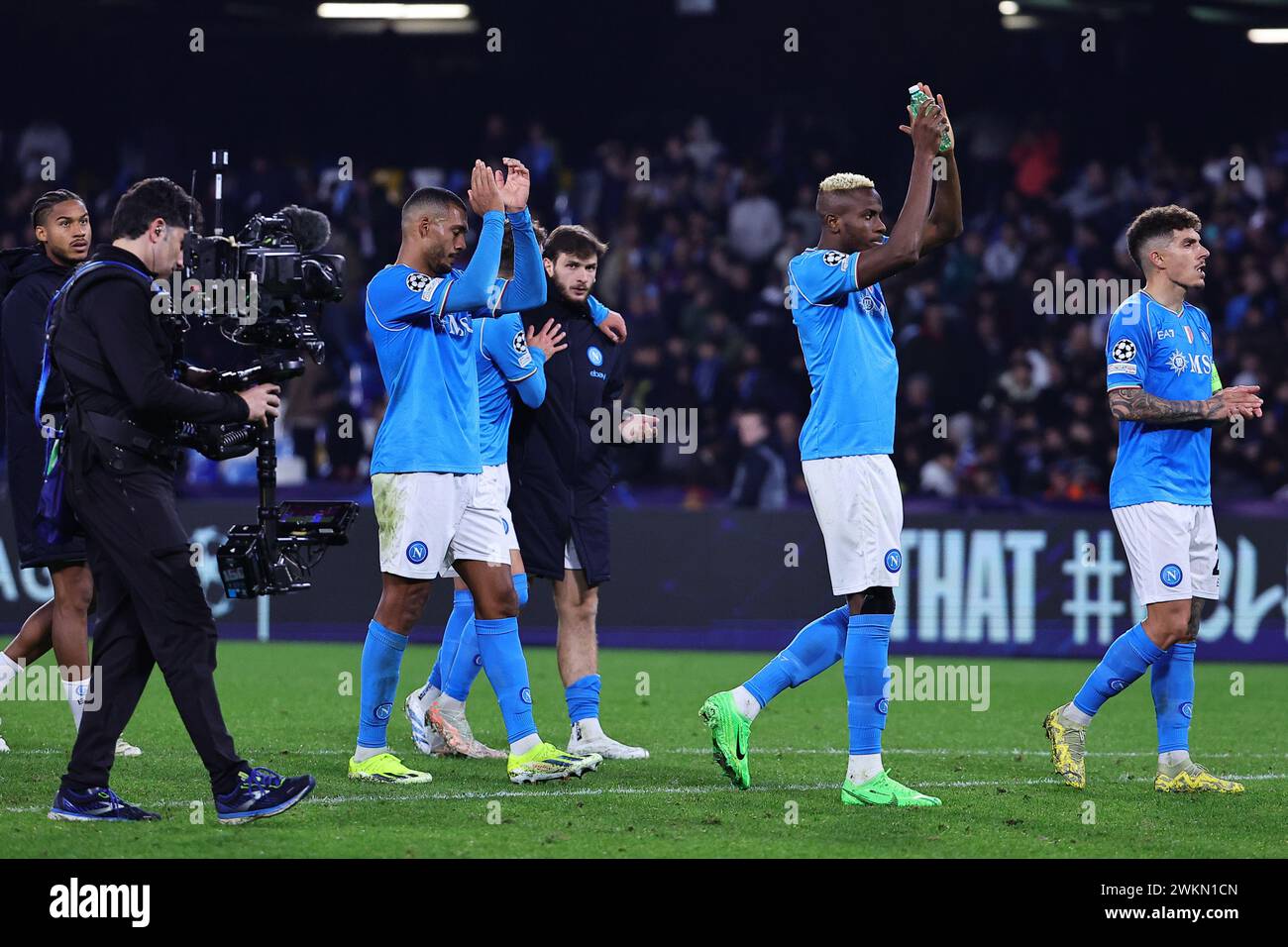 Naples, Italy. 21st Feb, 2024. Victor Osimhen of SSC Napoli and Giovanni Di Lorenzo wave goodbye at the end of the game the Champions League football match between SSC Napoli and FC Barcelona at Diego Armando Maradona stadium in Naples (Italy), February 21st, 2024. Credit: Insidefoto di andrea staccioli/Alamy Live News Stock Photo