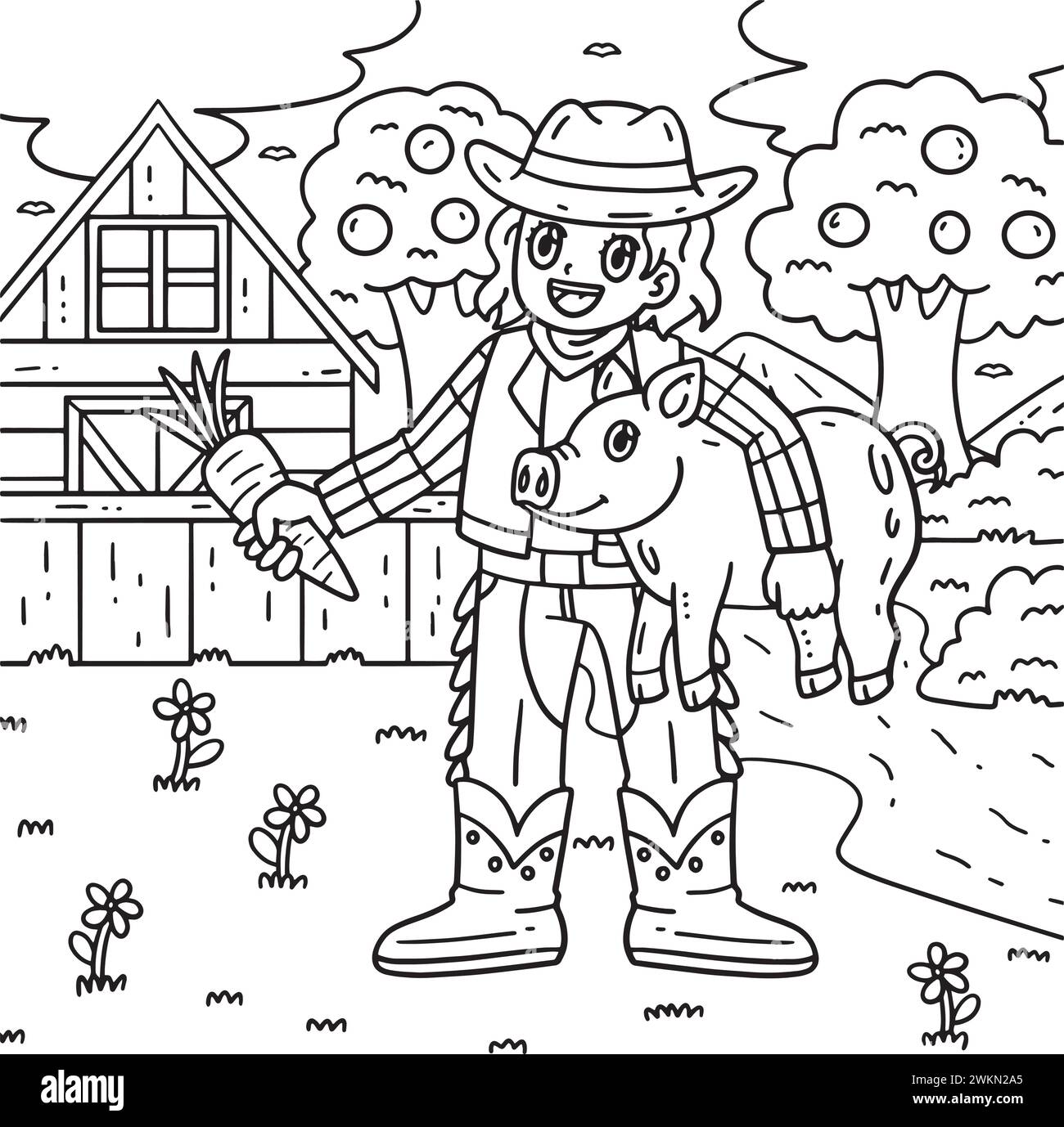 Cowgirl With Piglet And Carrot Coloring Page Stock Vector Image & Art 