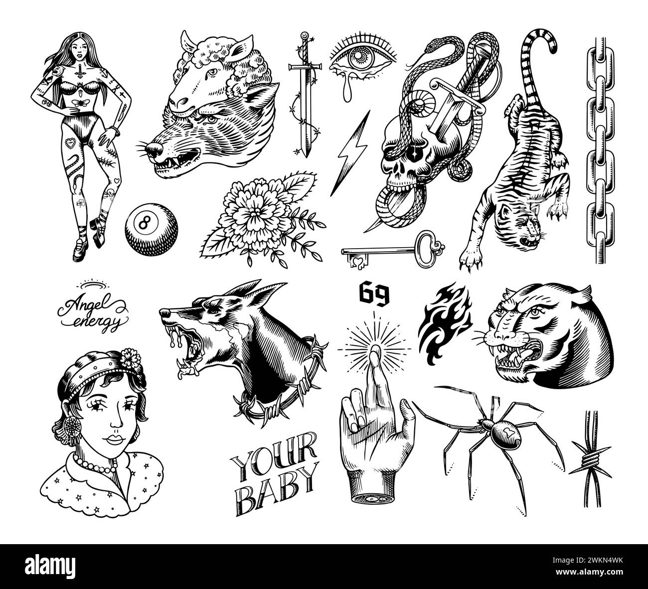 Old school Tattoo stickers set. Woman, crocodile, doberman dog, swallow ...