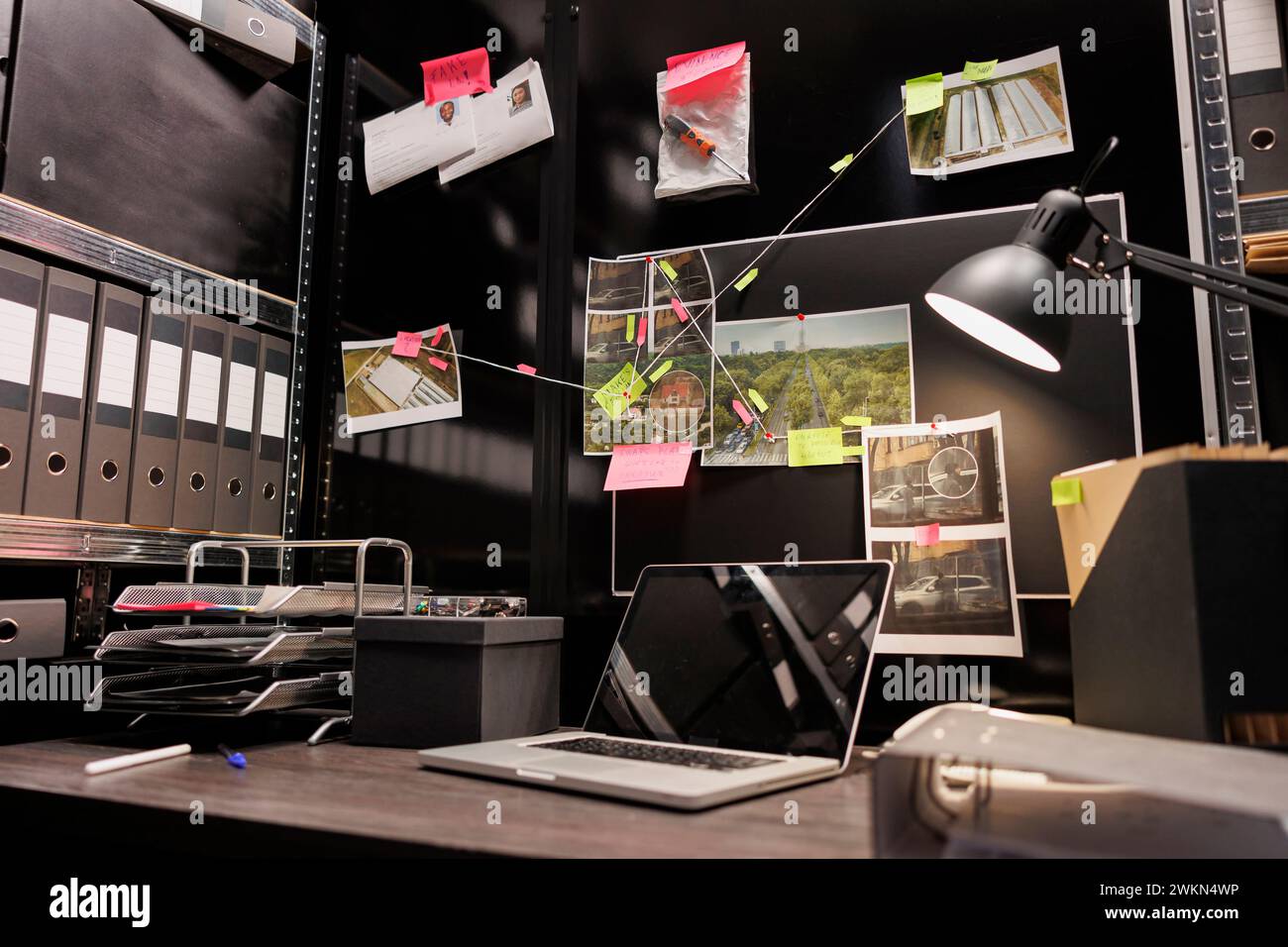 Empty dark police detective room with murder case investigation process