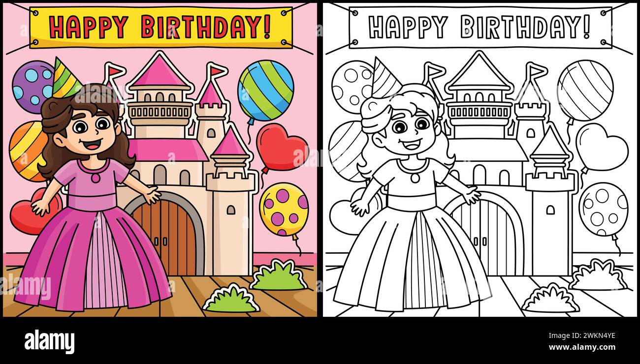 Happy Birthday Princess Coloring Page Illustration Stock Vector Image