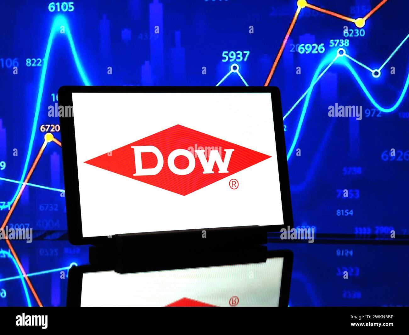 In this photo illustration, The Dow Chemical Company logo seen displayed on a tablet. Stock Photo