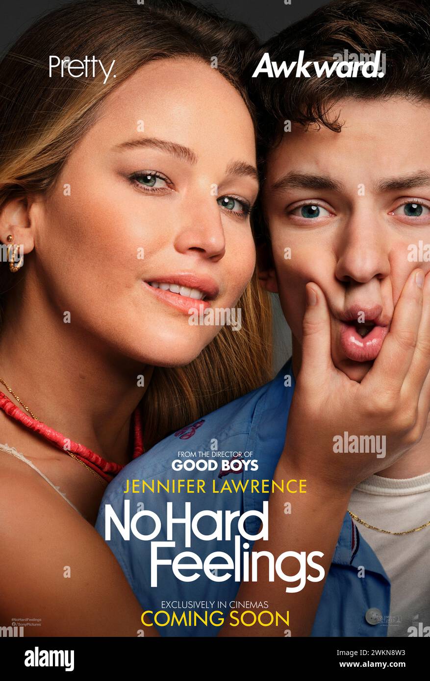 No Hard Feelings (2023) directed by Gene Stupnitsky and starring Jennifer Lawrence, Andrew Barth Feldman and Laura Benanti. A woman who is hired by a wealthy couple to seduce their romantically and sexually inexperienced son before he attends Princeton University. US one sheet poster ***EDITORIAL USE ONLY***. Credit: BFA / Columbia Pictures Stock Photo