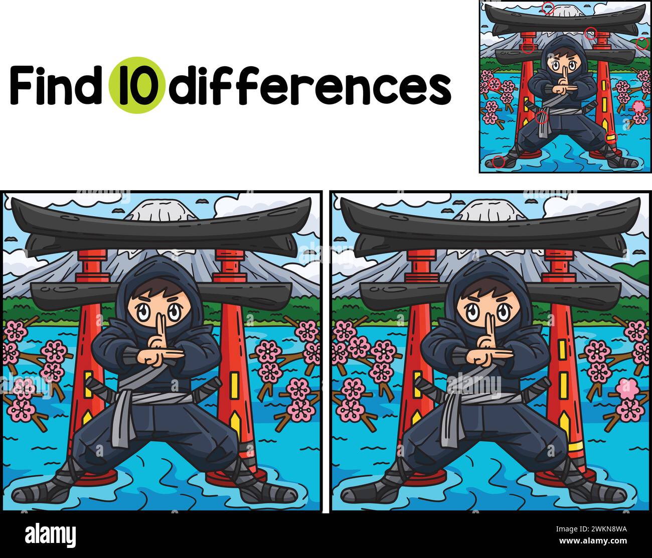 Ninja Standing in a Torii Find The Differences Stock Vector