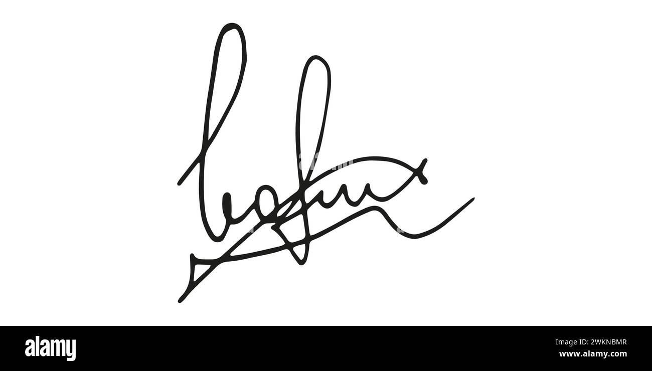 Fake signature hand drawn sample own autograph. Fictitious handwritten signature. Black ink. Scribble for sample contracts documents certificates or letters. Vector illustration. Stock Vector