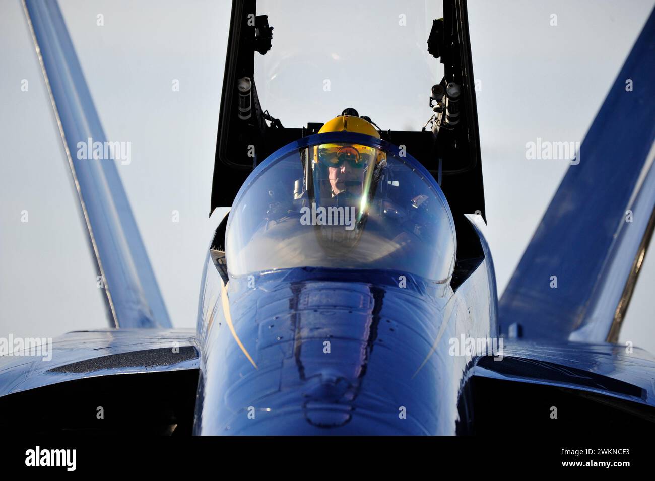 El Centro, California, USA. 18th Jan, 2023. Cmdr. Alex Armatas, commanding officer and flight leader of the U.S. Navy Flight Demonstration Squadron, the Blue Angels, prepares for takeoff prior to a training flight over Naval Air Facility (NAF) El Centro. The Blue Angels are currently conducting winter training at NAF El Centro, California, in preparation for the upcoming 2023 air show season. (Credit Image: © Michael Russell/U.S. Navy/ZUMA Press Wire) EDITORIAL USAGE ONLY! Not for Commercial USAGE! Stock Photo