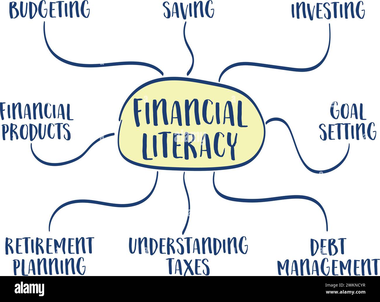 financial literacy infographics or mind map sketch - personal finance concept and education Stock Vector