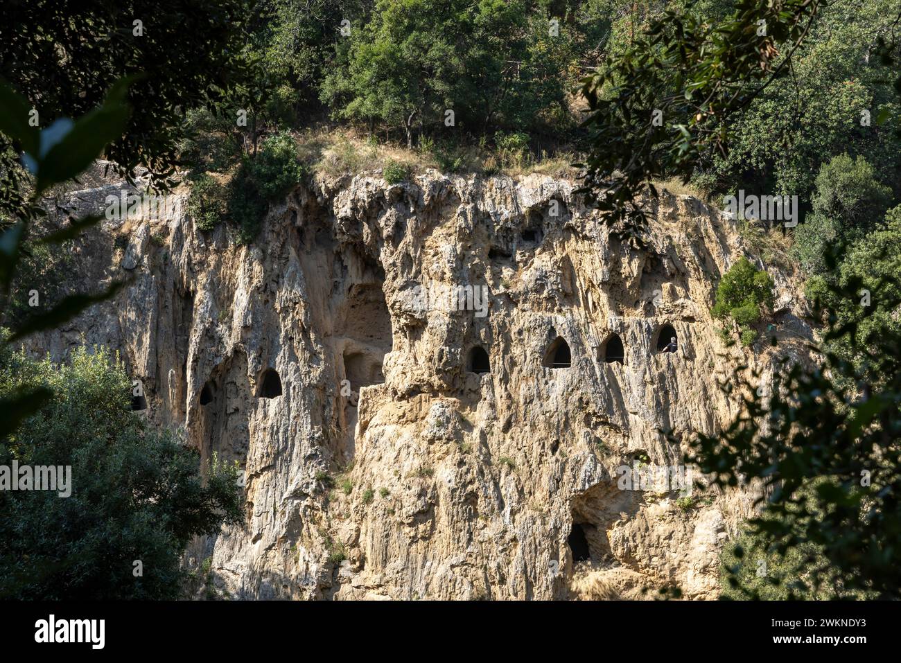 Parco Villa Gregoriana is a public setting in Tivoli along the Aniene River that includes lush canyons, caves meandering through the cliffs and large Stock Photo