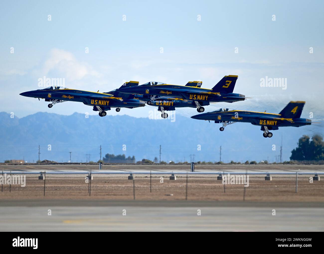 El Centro, California, USA. 21st Feb, 2024. The diamond pilots assigned to the U.S. Navy Flight Demonstration Squadron, the Blue Angels, takeoff for a training flight over Naval Air Facility (NAF) El Centro. The Blue Angels are currently conducting winter training at NAF El Centro, California, in preparation for the upcoming 2024 air show season. (Credit Image: © Michael Russell/U.S. Navy/ZUMA Press Wire) EDITORIAL USAGE ONLY! Not for Commercial USAGE! Stock Photo