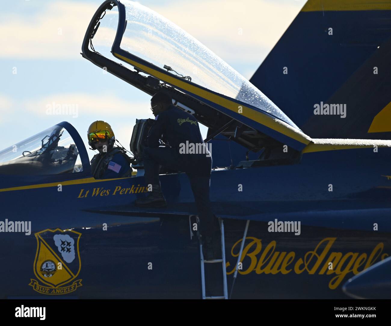 El Centro, California, USA. 21st Feb, 2024. Lt. Wes Perkins, left wing pilot, assigned to the U.S. Navy Flight Demonstration Squadron, the Blue Angels, prepares for takeoff prior to a training flight over Naval Air Facility (NAF) El Centro. The Blue Angels are currently conducting winter training at NAF El Centro, California, in preparation for the upcoming 2024 air show season. (Credit Image: © Michael Russell/U.S. Navy/ZUMA Press Wire) EDITORIAL USAGE ONLY! Not for Commercial USAGE! Stock Photo
