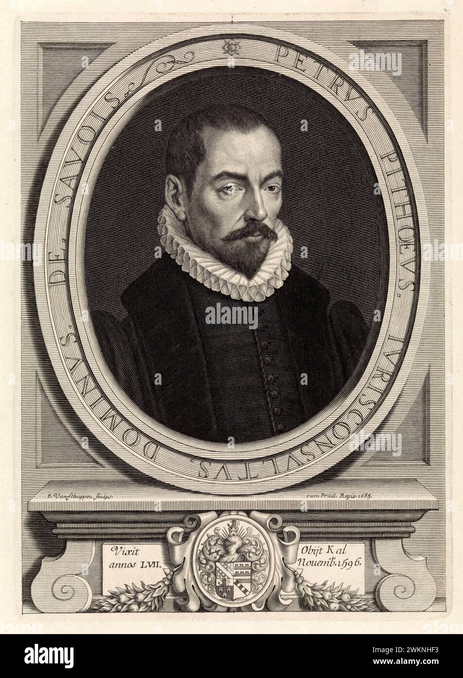 1580 c. , FRANCE : The italian jurist , historian and writer  PIERRE PITHOU ( 1539 - 1596 ). Portrait engraved by Van Schuppen , pubblished in 1685 . - HISTORY - FOTO STORICHE - HISTORIAN - STORICO - SCRITTORE - WRITER - LETTERATURA - LITERATURE - giureconsulto - GIURISTA - LEGGE - LAY - nobili - nobiltà francese - french nobility - FRANCIA - INCISIONE - ENGRAVING - ILLUSTRATION - ILLUSTRAZIONE  - collar - collare - colletto - GORGIERA - pizzo - lace -   beard - barba --- Archivio GBB Stock Photo