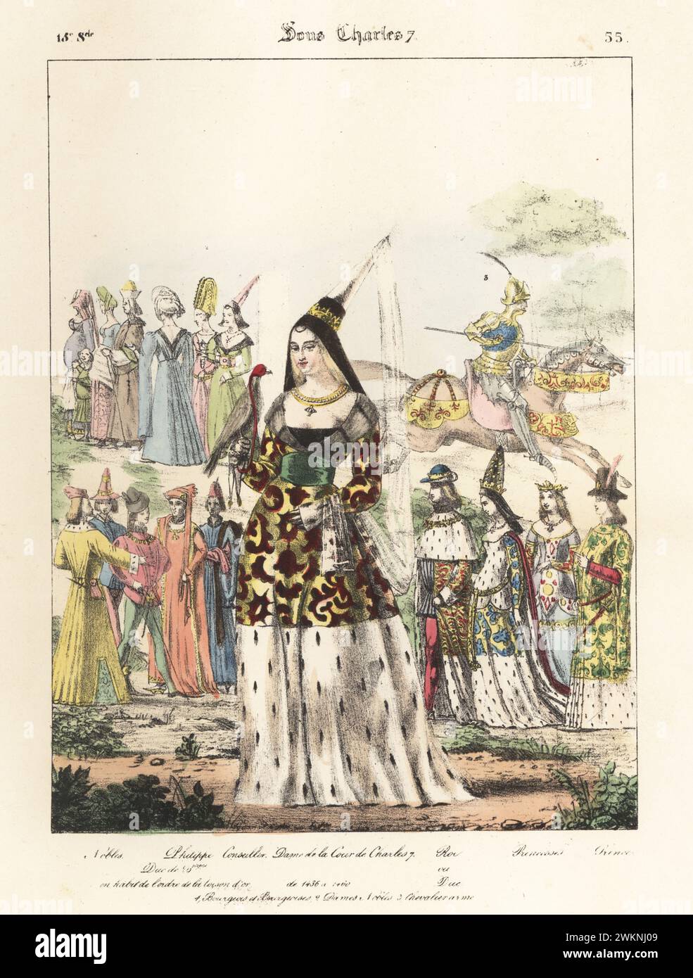 Lady at the court of King Charles VII in hennin, embroidered robe, ermine skirts, with hawk in cap, Philip the Good of Burgundy and other royals, nobles, knights, etc. Nobles, Philippe Duc de Bourgogne, Conseiller, Dame de la Cour de Charles 7, Roi ou Duc, Princesses, Prince. Sous Charles 7. Handcoloured lithograph by Godard after an illustration by Charles Auguste Herbé from his own Costumes Francais, Civils, Militaires et Religieux, French Costumes, Civil, Military and Religious, Maison Martinet, Paris, 1837. Stock Photo