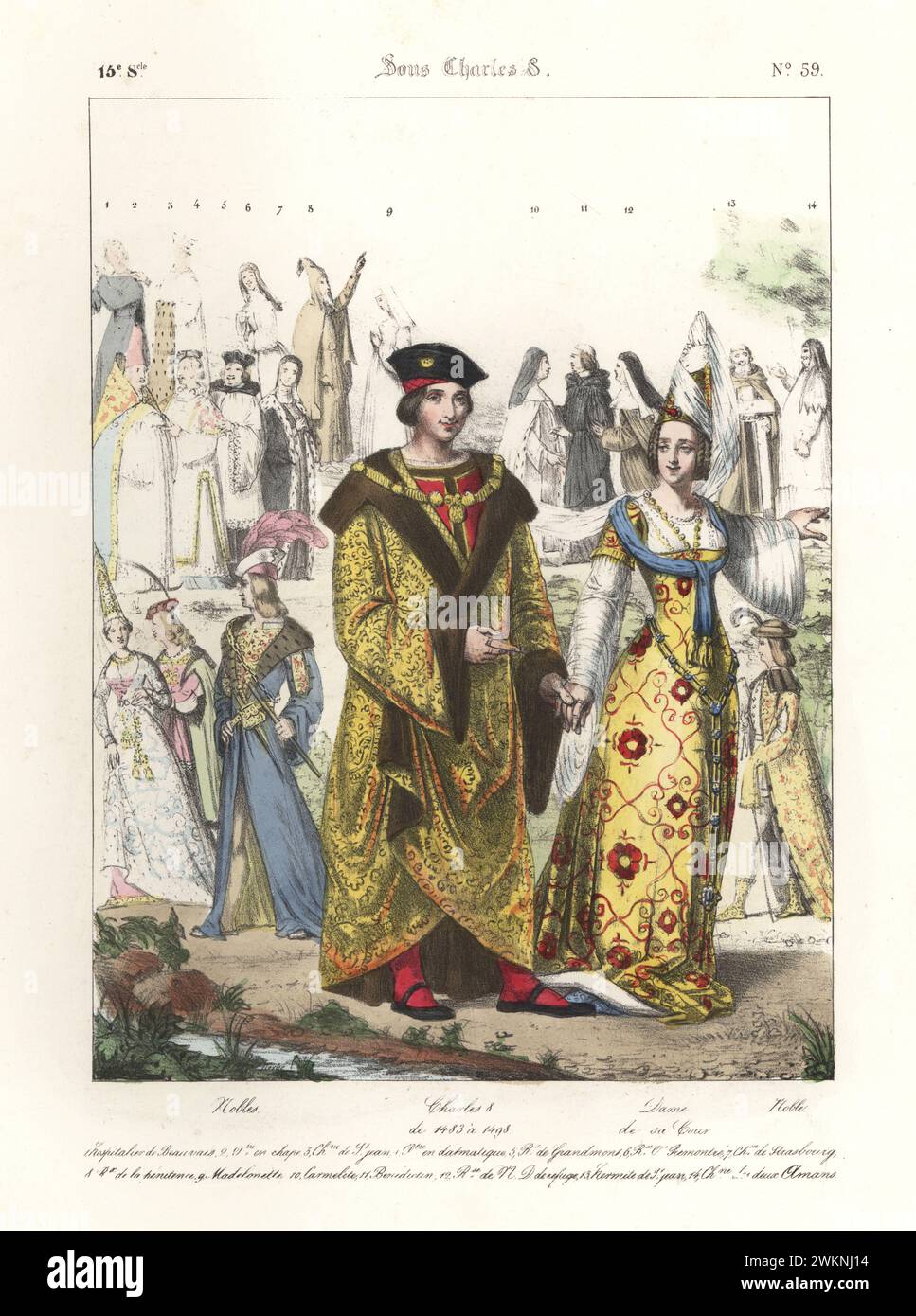 King Charles VIII of France in long fur-lined, gold-embroidered houppeland, courtier in hennin headdress, embroidered robe. Nobles, Charles VIII, Dame de sa cour, Noble. Sous Charles 8. Handcoloured lithograph by Godard after an illustration by Charles Auguste Herbé from his own Costumes Francais, Civils, Militaires et Religieux, French Costumes, Civil, Military and Religious, Maison Martinet, Paris, 1837. Stock Photo