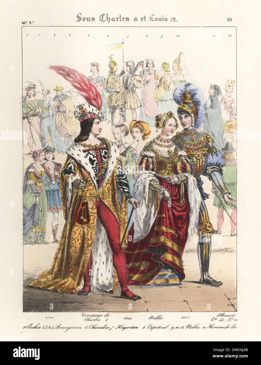 Courtier of King Charles VIII of France, with other nobles, 16th century. Nobleman in plumed fur cap, ermine-lined houppelande, embroidered doublet and hose. German guard in background. Courtisan de Charles VIII, Nobles, Allemand Garde de Louis XII. Sous Charles 8 et Louis 12. Handcoloured lithograph by Godard after an illustration by Charles Auguste Herbé from his own Costumes Francais, Civils, Militaires et Religieux, French Costumes, Civil, Military and Religious, Maison Martinet, Paris, 1837. Stock Photo