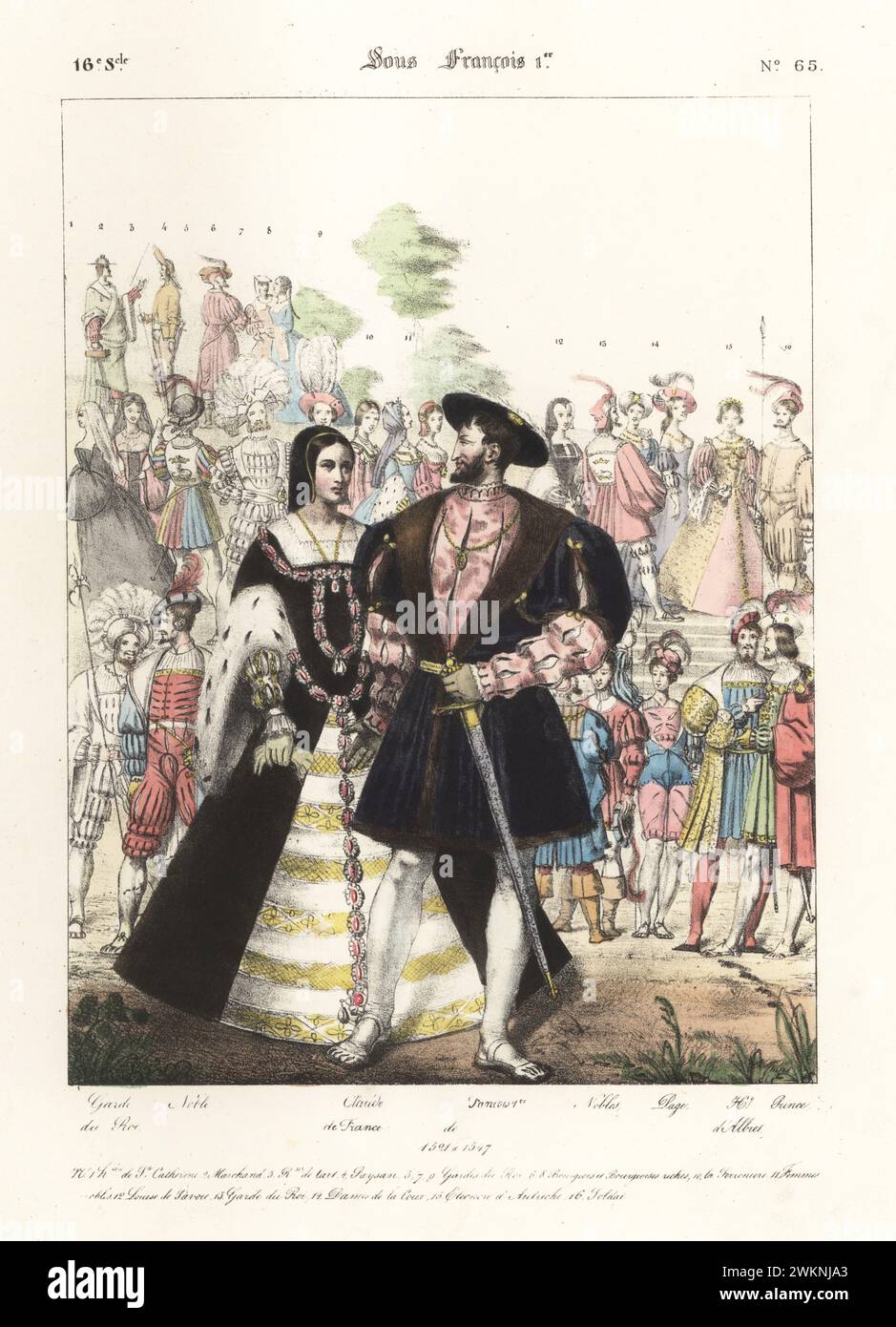 Claude, Duchess of Brittany, and King Francis I of France. King in cap, fur-lined cape, slashed doublet and hose, queen in ermine-lined robe with jeweled belt. With royal guards, nobles, page, Henry d'Albier and prince. Garde du Roi, Noble, Claude de France, Francois 1, Nobles, Page, Henry d'Albier, Prince. Sous Francois 1. Handcoloured lithograph by Godard after an illustration by Charles Auguste Herbé from his own Costumes Francais, Civils, Militaires et Religieux, French Costumes, Civil, Military and Religious, Maison Martinet, Paris, 1837. Stock Photo